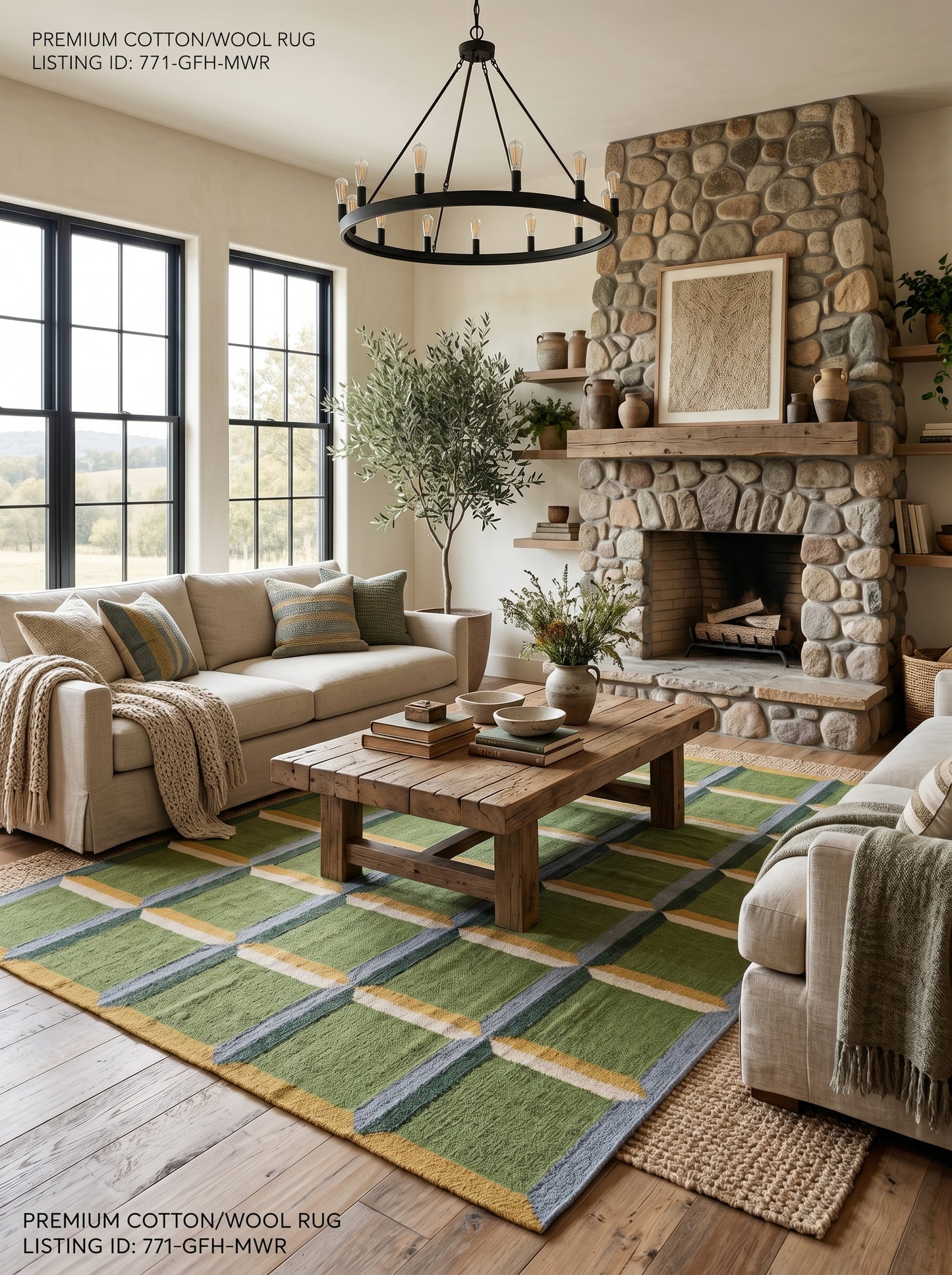 Emerald Block Lattice Modern Green Checkered Wool Cotton Dhurrie Rug