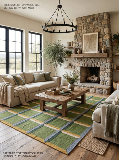 Emerald Block Lattice Modern Green Checkered Wool Cotton Dhurrie Rug