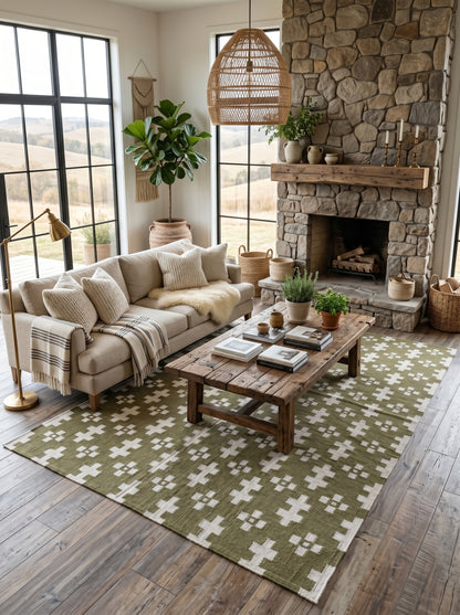 Olive Geometric Cross Handwoven Traditional Pattern Rug