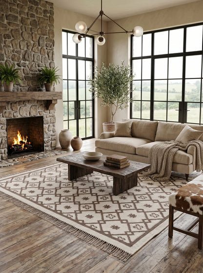 Earth Brown Clover Trellis Brown & Cream Wool Cotton Dhurrie Rug
