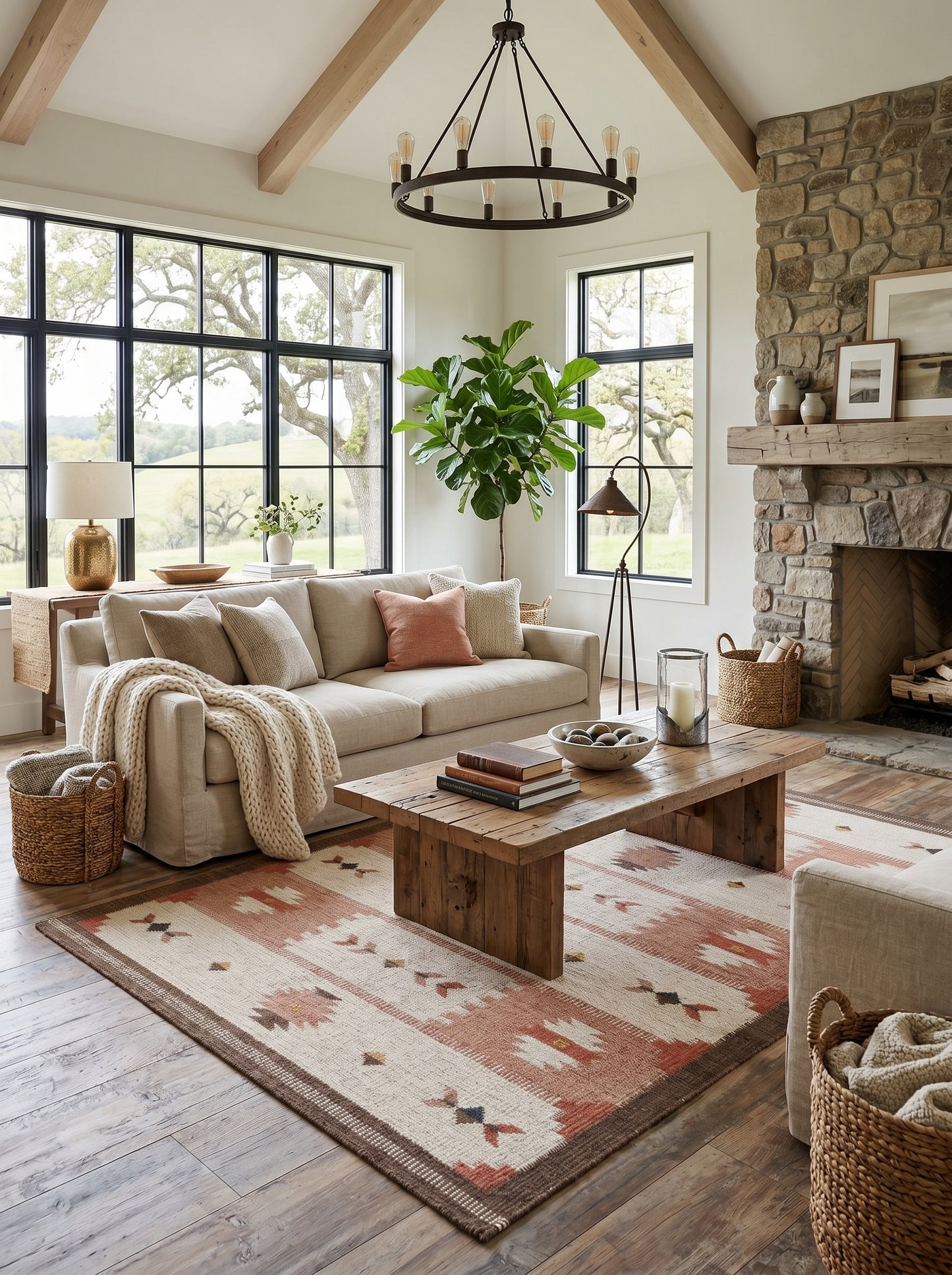 Terracotta Desert Rose Traditional Blush Pink & Cream Wool Cotton Dhurrie Rug