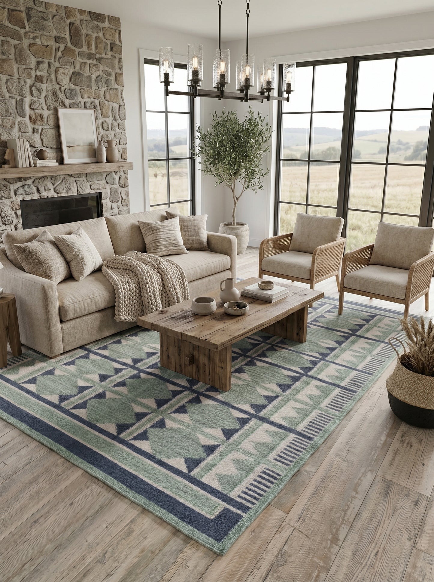 Sage Diamond Labyrinth Sage Green & Navy Wool Cotton Dhurrie Rug