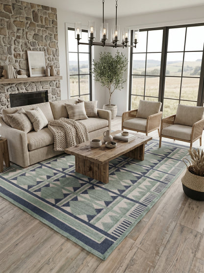 Sage Diamond Labyrinth Sage Green & Navy Wool Cotton Dhurrie Rug