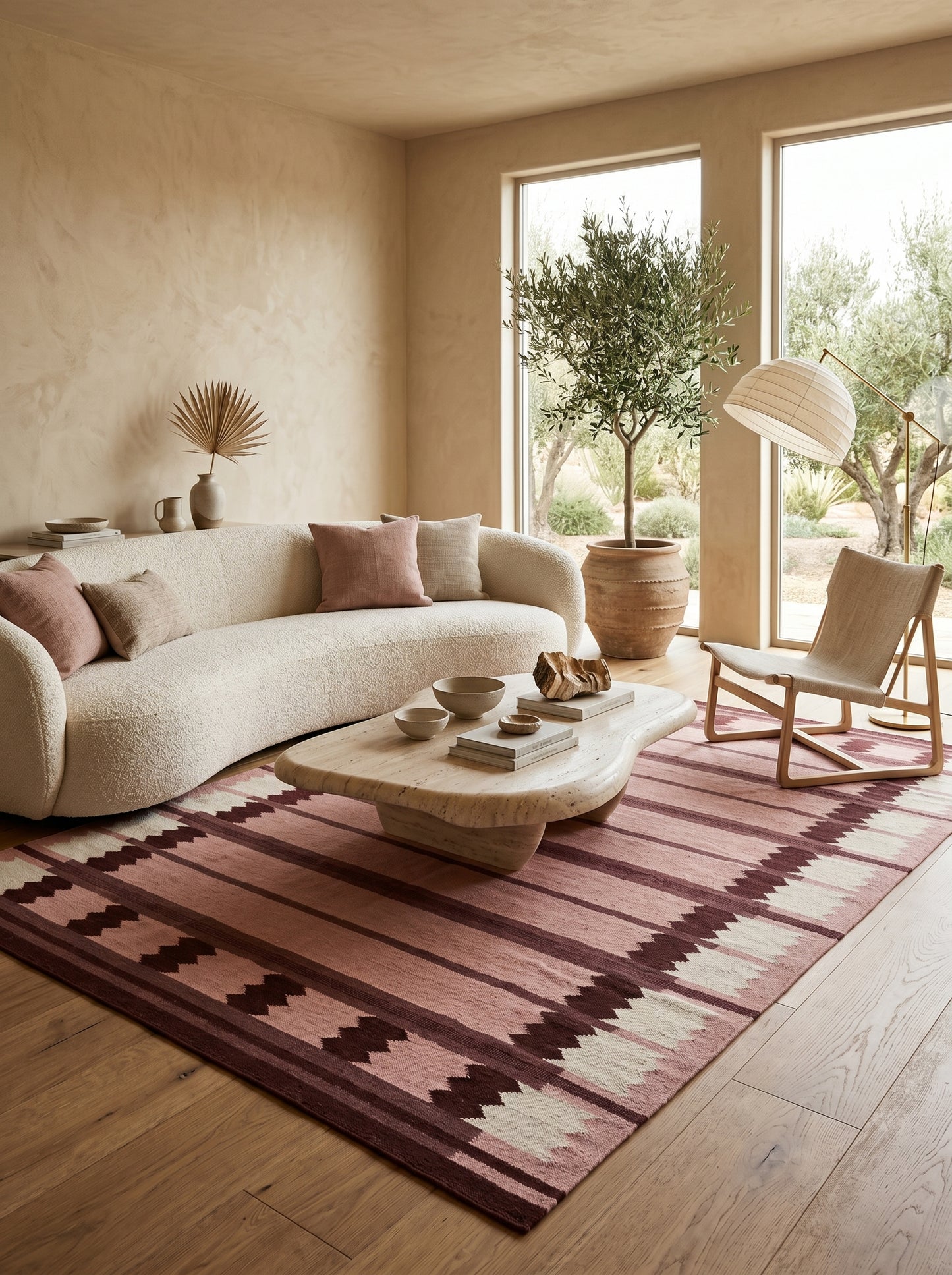 Rose Burgundy Sawtooth Modern Pastel Pink & Maroon Wool Cotton Dhurrie Rug
