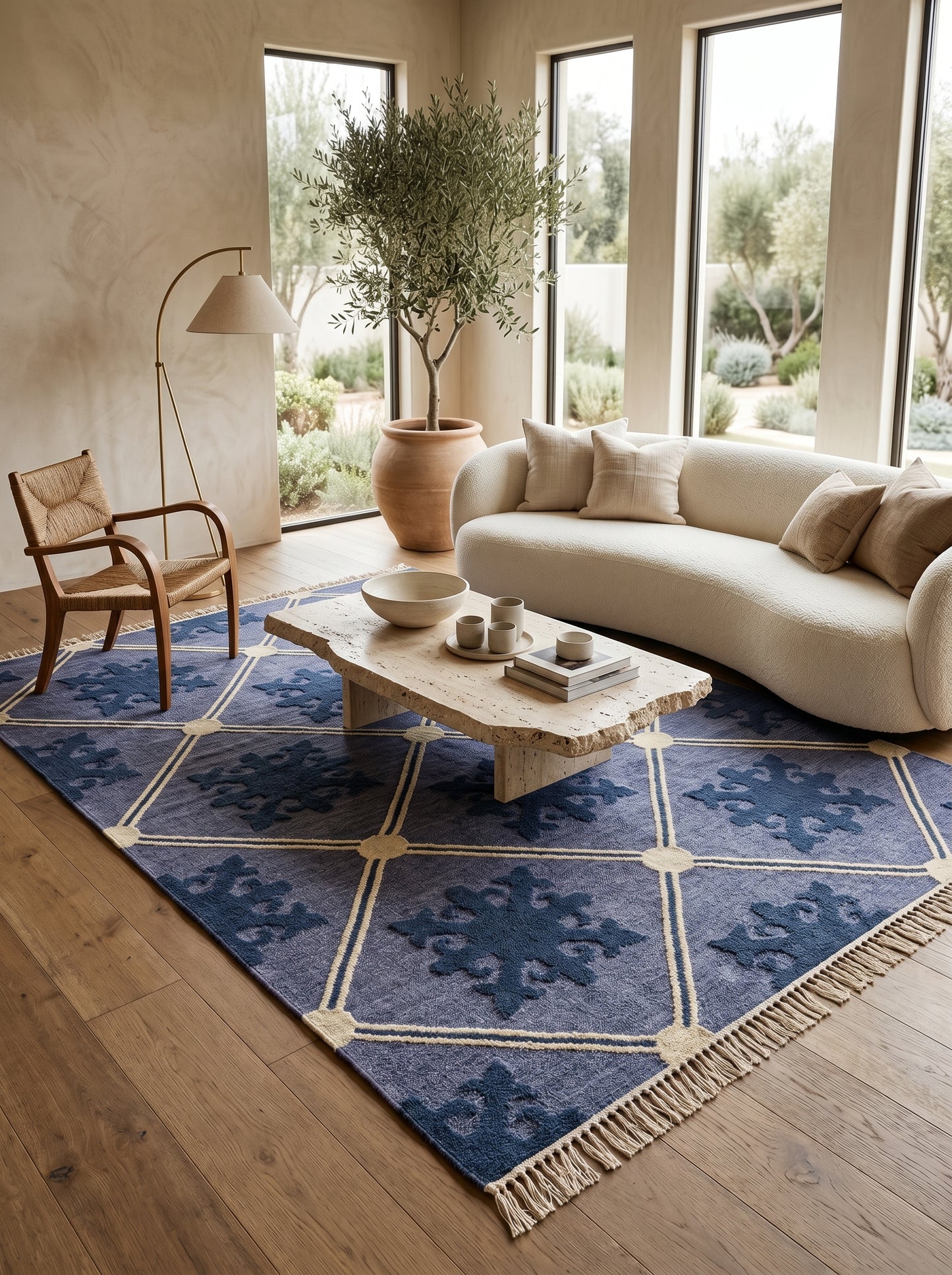 Slate Lavender Fleur Premium Lavender Blue & Indigo Wool Cotton Dhurrie Rug