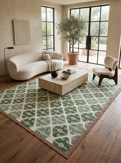 Sage Earth Tribal Lattice Geometric Serrated Diamond Flatweave Area Rug