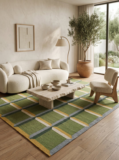 Emerald Block Lattice Modern Green Checkered Wool Cotton Dhurrie Rug