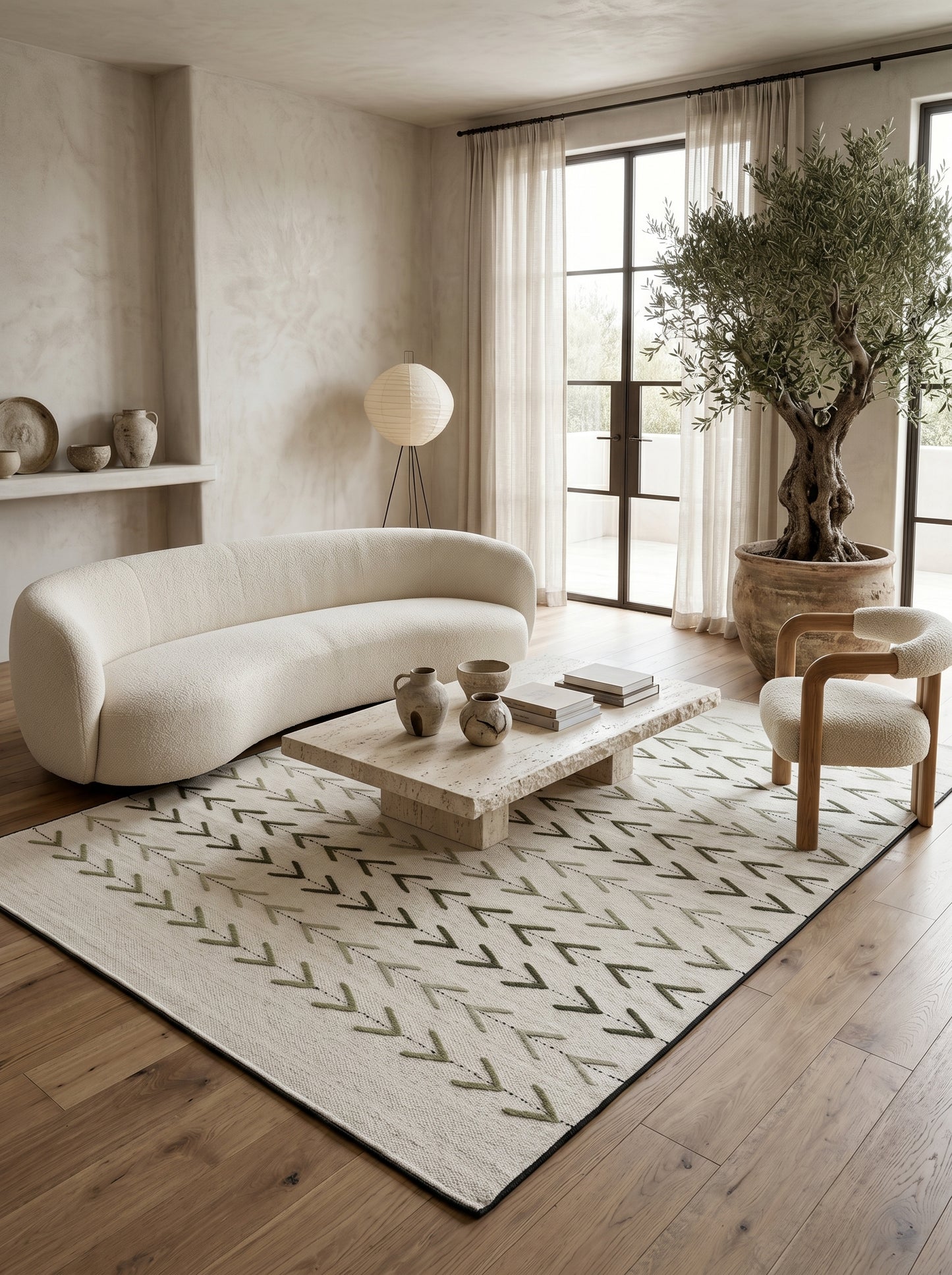 Sage Chevron Trail Minimalist Cream & Sage Green Wool Cotton Dhurrie Rug