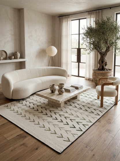 Sage Chevron Trail Minimalist Cream & Sage Green Wool Cotton Dhurrie Rug
