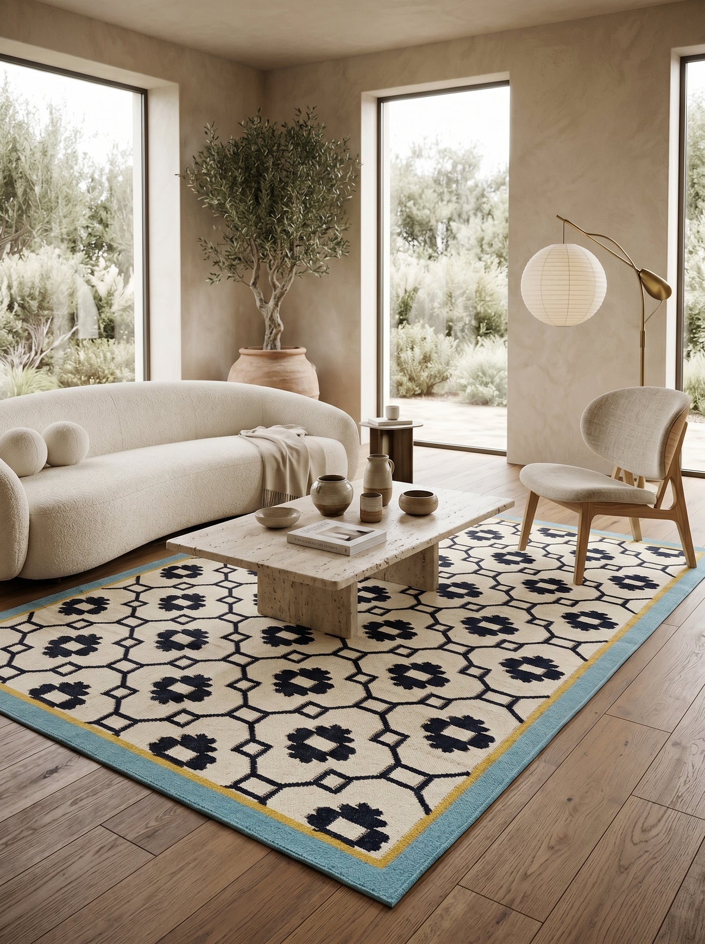 Teal Lattice Rosette  Modern Black & Cream Wool Cotton Dhurrie Rug