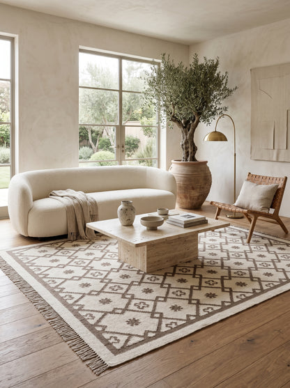 Earth Brown Clover Trellis Brown & Cream Wool Cotton Dhurrie Rug