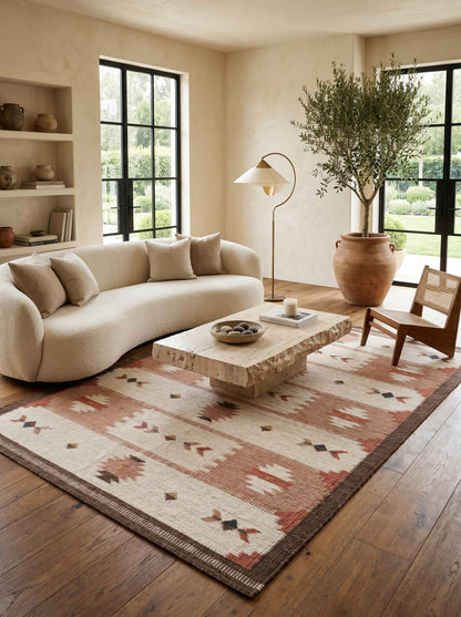 Terracotta Desert Rose Traditional Blush Pink & Cream Wool Cotton Dhurrie Rug