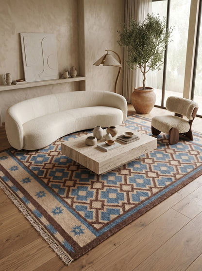 Indigo Starburst Lattice Earth Brown & Beige Cotton Wool Dhurrie