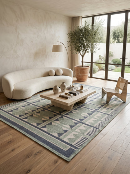 Sage Diamond Labyrinth Sage Green & Navy Wool Cotton Dhurrie Rug