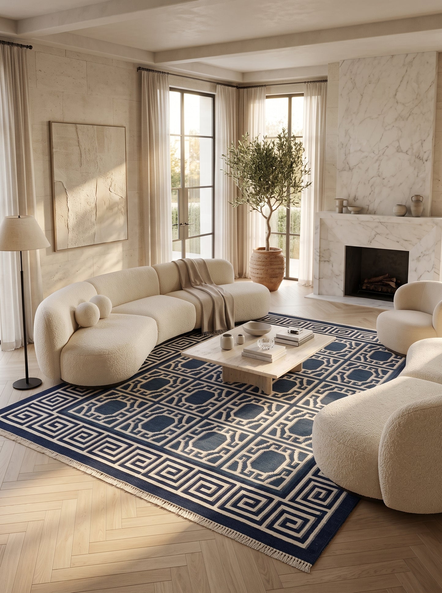 Octagon Lattice & Greek Key Border Pattern Flatweave Area Rug