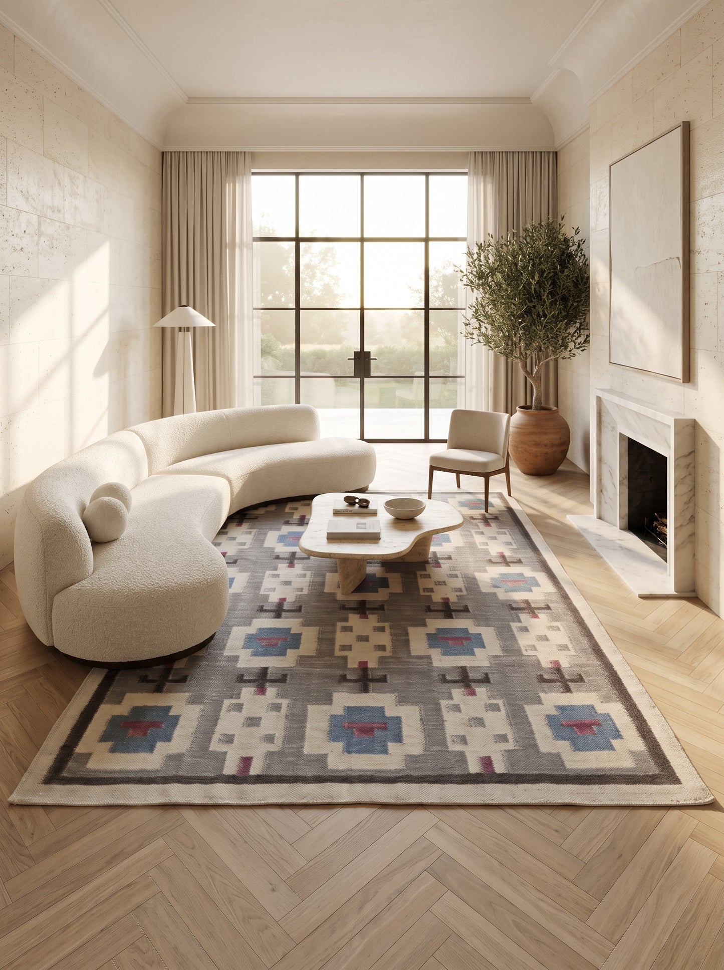 Slate Tribal Totem Geometric Stepped Medallion Flatweave Area Rug