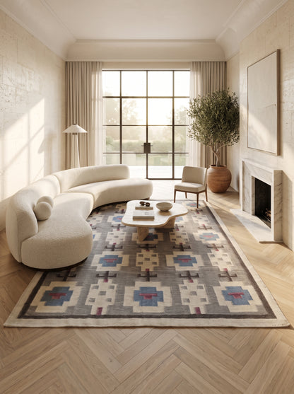 Slate Tribal Totem Geometric Stepped Medallion Flatweave Area Rug