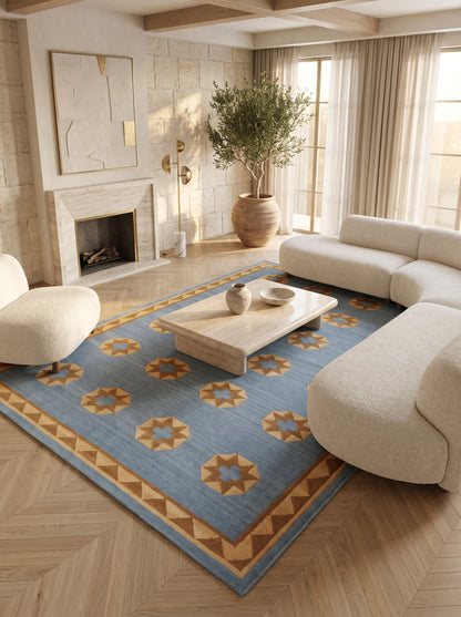 Sky Blue Starburst Medallion Handwoven Southwestern Coastal Kilim rug