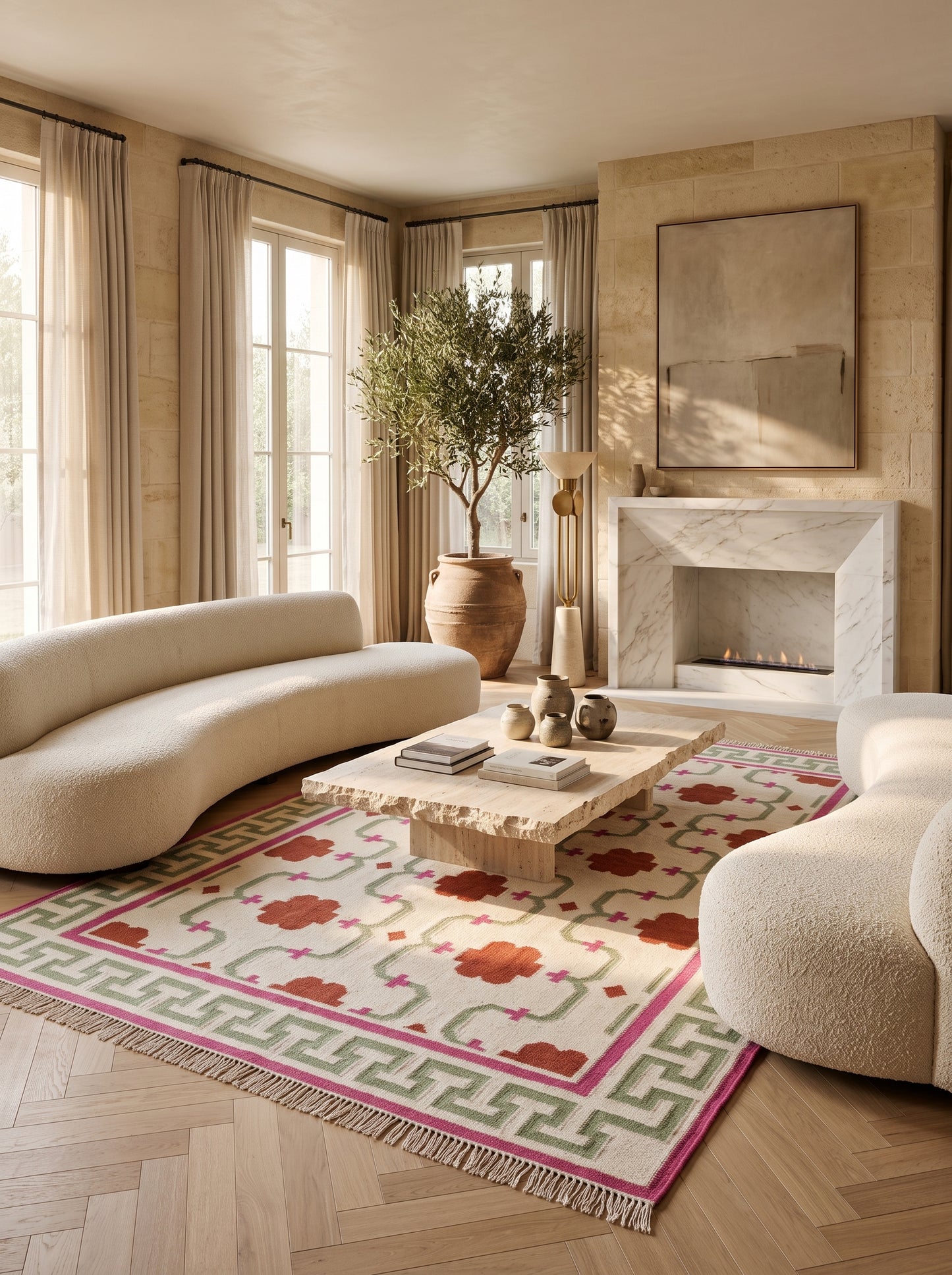 Crimson Greek Key Blossom Handwoven Symmetrical Floral Rug