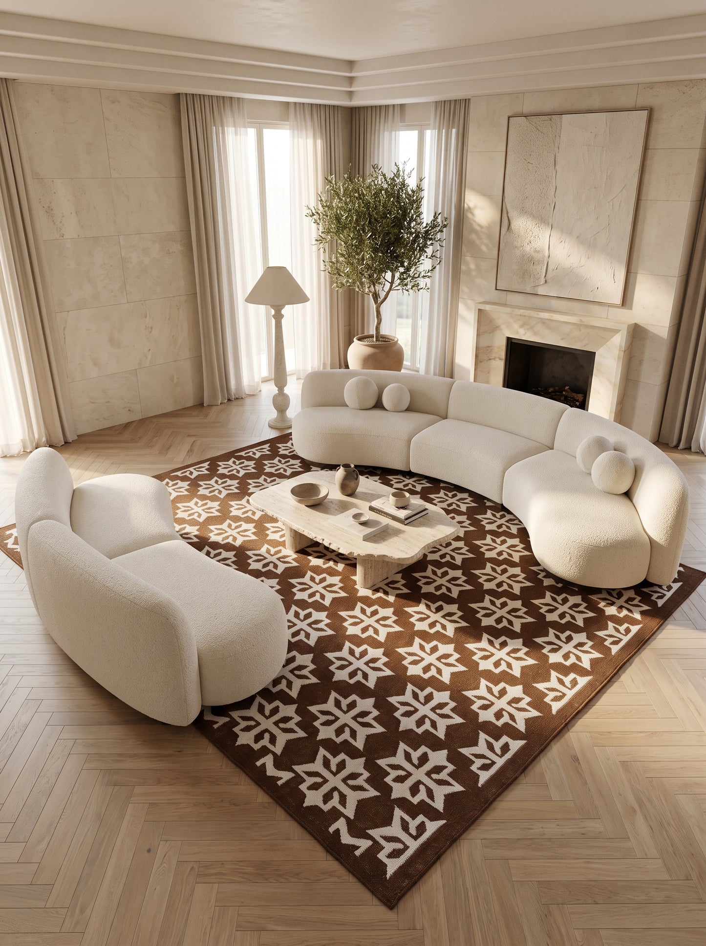 Chocolate Blossom Crest Geometric Starburst Motif Flatweave Area Rug