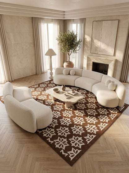 Chocolate Blossom Crest Geometric Starburst Motif Flatweave Area Rug