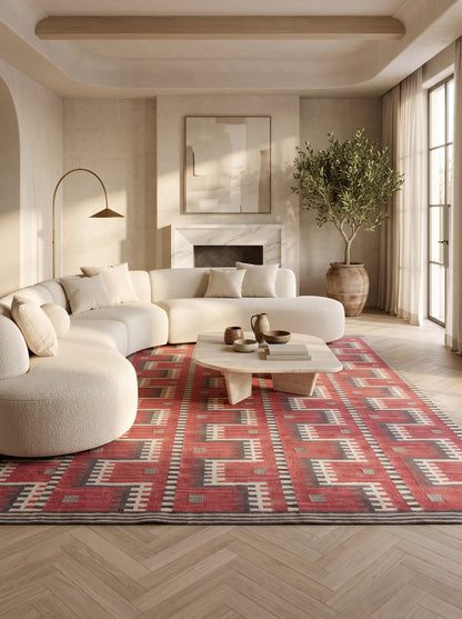 Crimson Tribal Interlock Handwoven Native American Style Rug