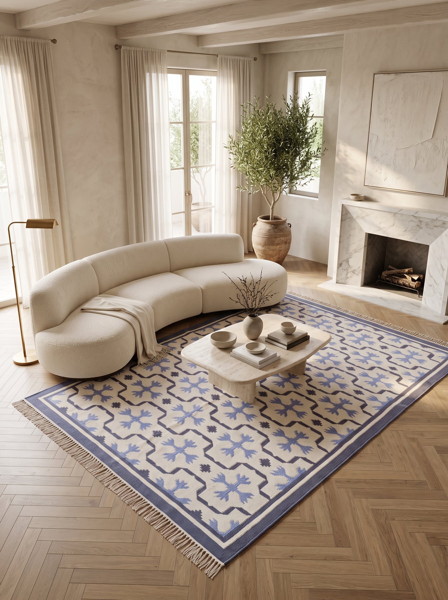 Periwinkle Lattice Crest Abstract Snowflake Motif Flatweave rug
