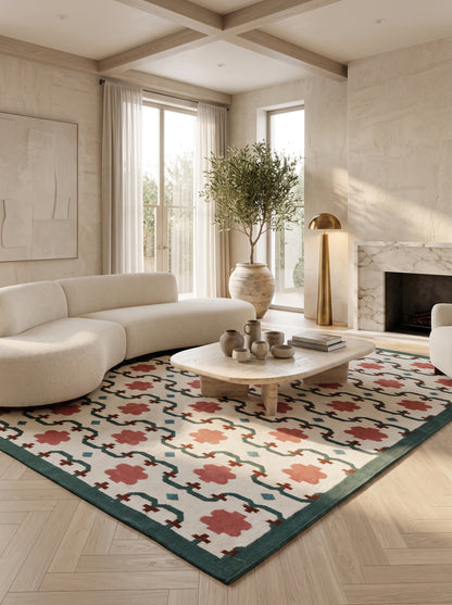 Emerald & Terracotta Clover Trellis Handwoven Symmetrical Floral Rug