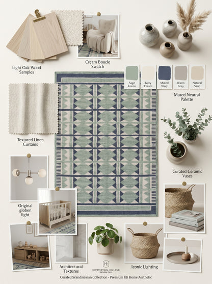 Sage Diamond Labyrinth Sage Green & Navy Wool Cotton Dhurrie Rug