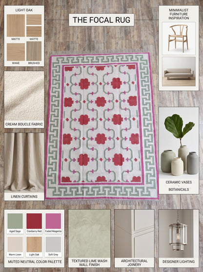 Crimson Greek Key Blossom Handwoven Symmetrical Floral Rug