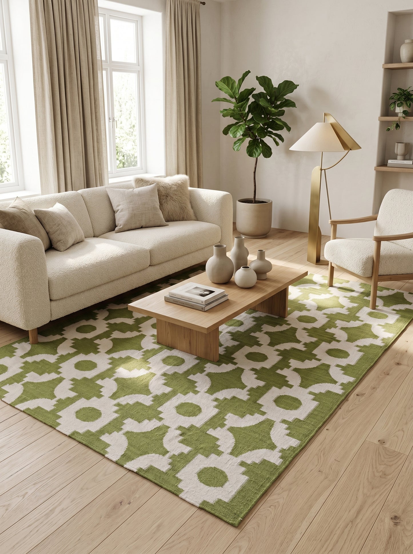 Moss Optical Maze Lime Green & Cream Wool Cotton Dhurrie Rug