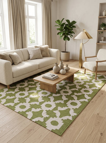 Moss Optical Maze Lime Green & Cream Wool Cotton Dhurrie Rug