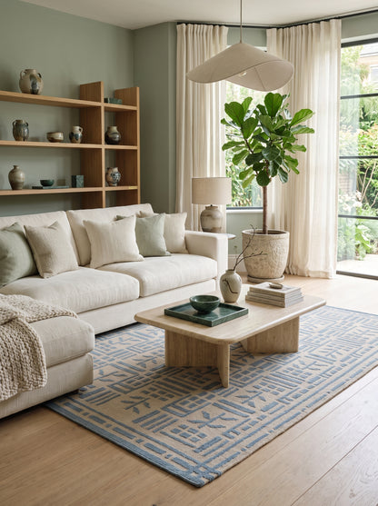 Denim Twig Lattice Blue & Beige Wool Cotton Dhurrie Rug