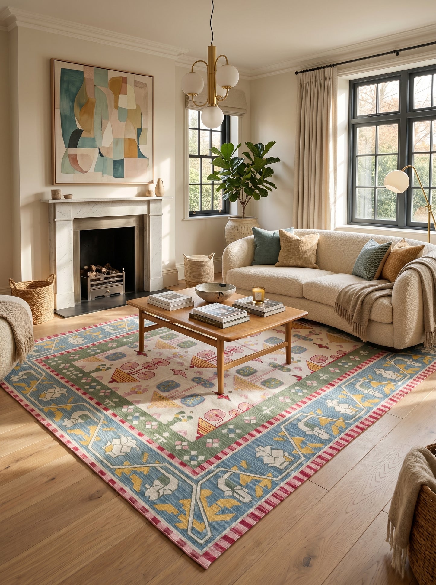 Pastel Geometric Folk Art Handwoven Cotton Flatweave Rug