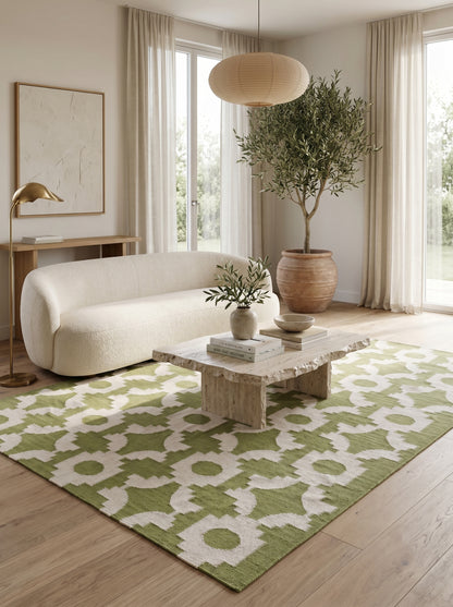 Moss Optical Maze Lime Green & Cream Wool Cotton Dhurrie Rug