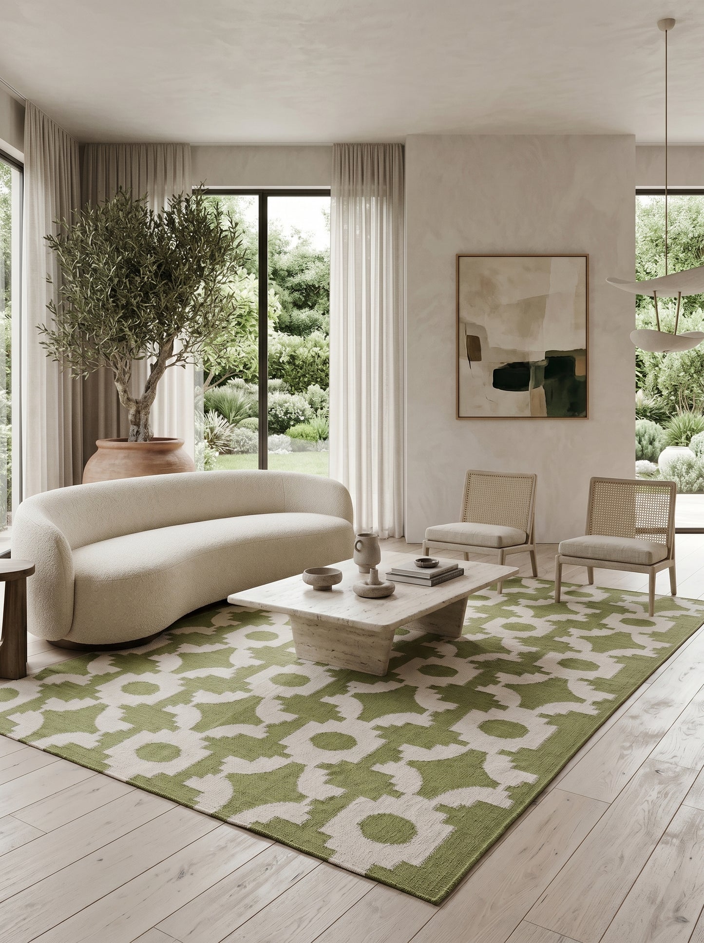 Moss Optical Maze Lime Green & Cream Wool Cotton Dhurrie Rug