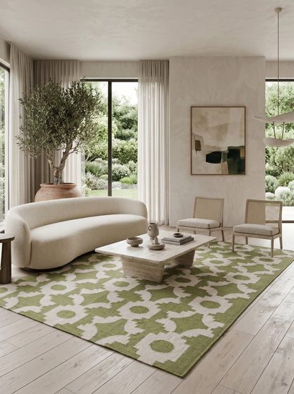 Moss Optical Maze Lime Green & Cream Wool Cotton Dhurrie Rug