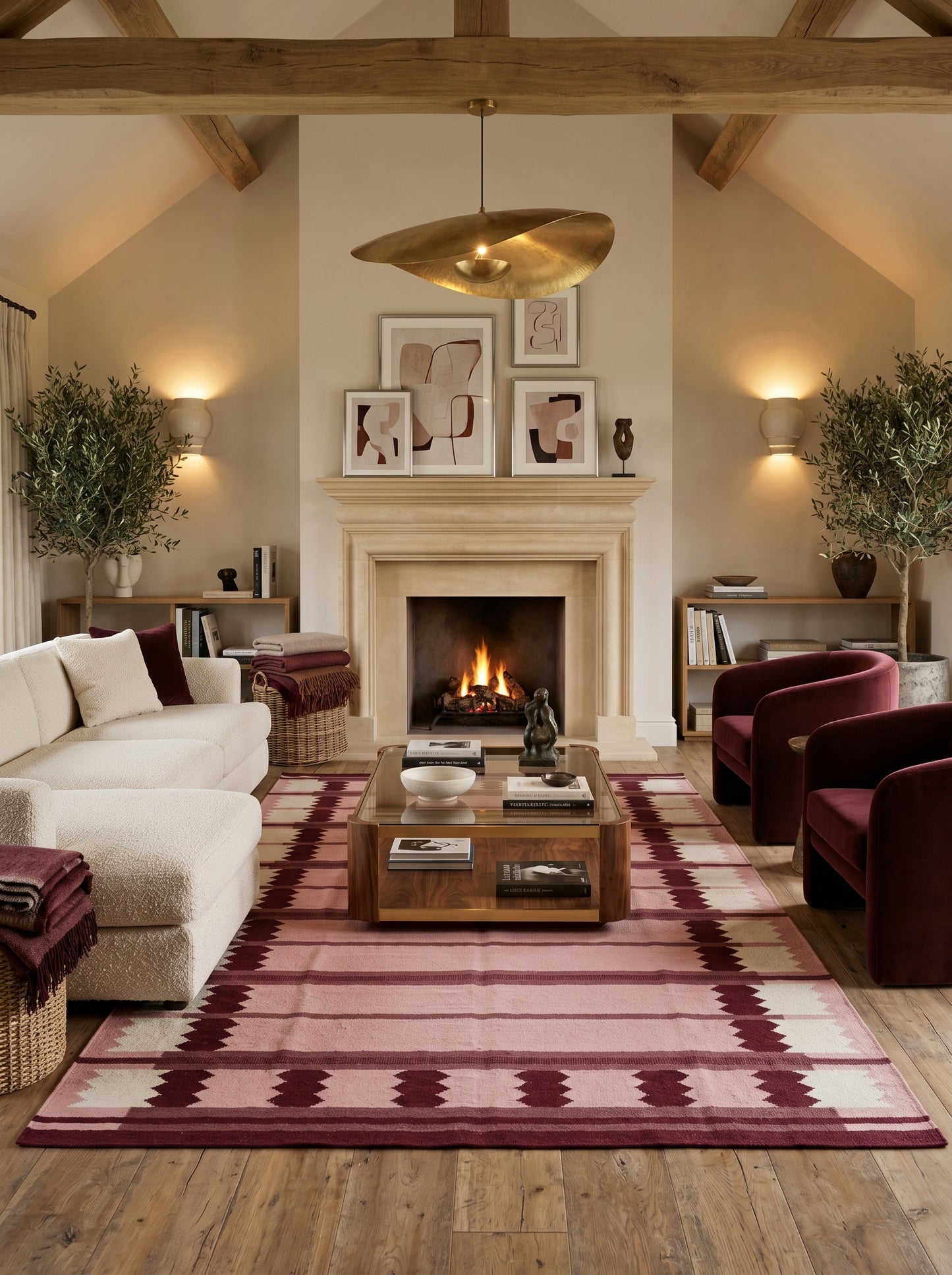 Rose Burgundy Sawtooth Modern Pastel Pink & Maroon Wool Cotton Dhurrie Rug
