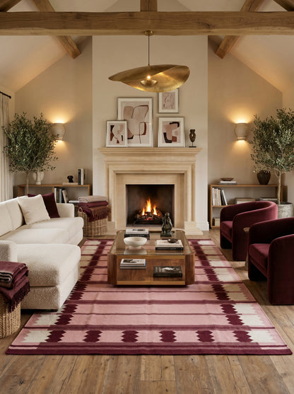 Rose Burgundy Sawtooth Modern Pastel Pink & Maroon Wool Cotton Dhurrie Rug