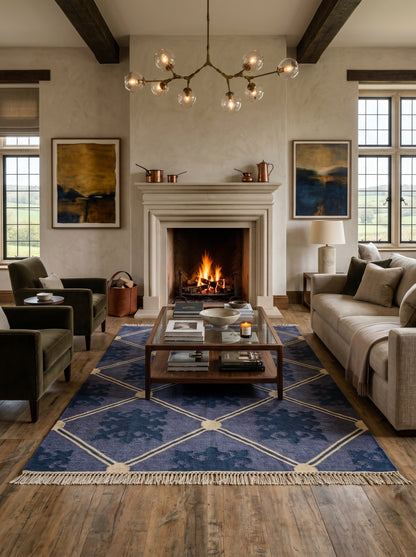 Slate Lavender Fleur Premium Lavender Blue & Indigo Wool Cotton Dhurrie Rug