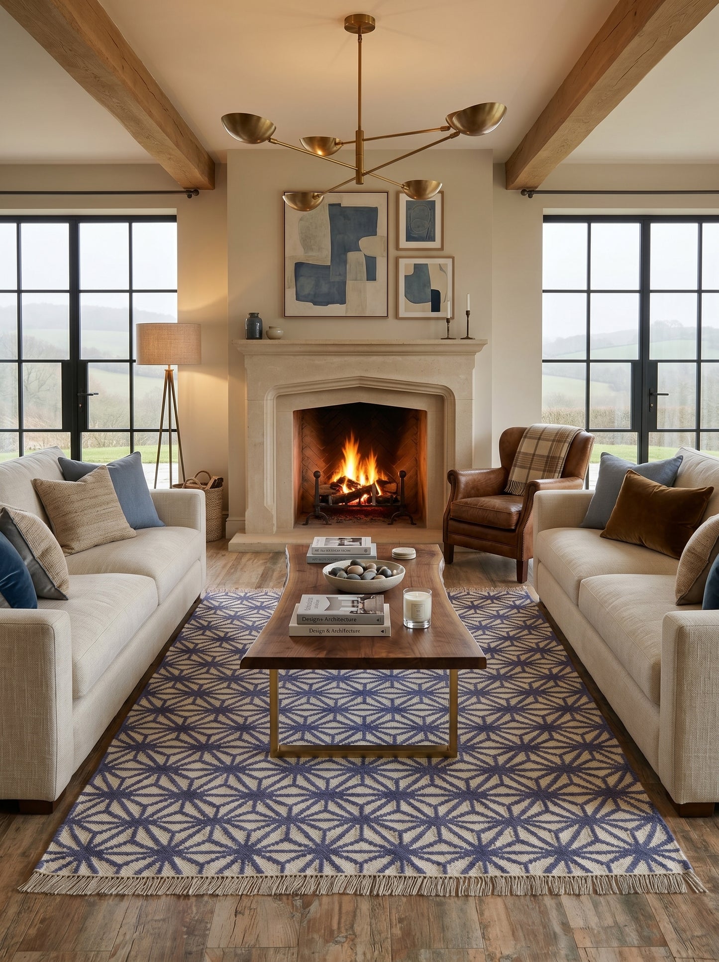 Periwinkle Starburst Lattice All-Over Star Pattern Flatweave Area Rug
