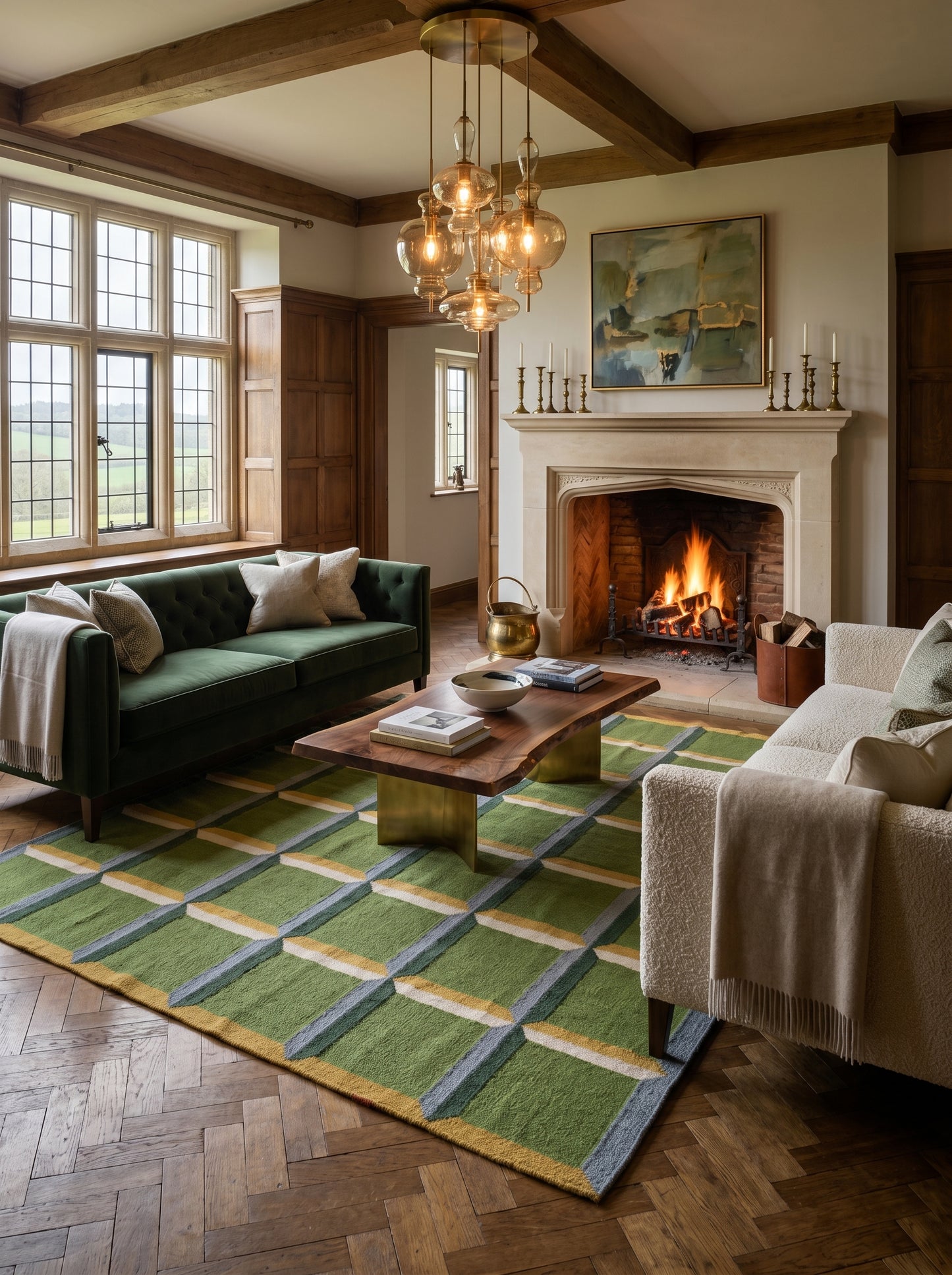 Emerald Block Lattice Modern Green Checkered Wool Cotton Dhurrie Rug