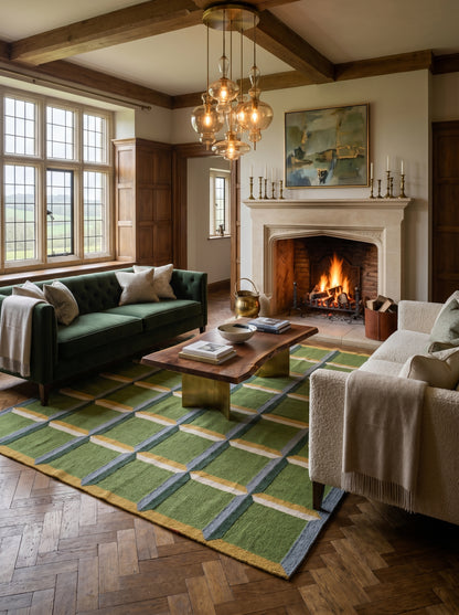 Emerald Block Lattice Modern Green Checkered Wool Cotton Dhurrie Rug