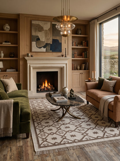 Earth Brown Clover Trellis Brown & Cream Wool Cotton Dhurrie Rug