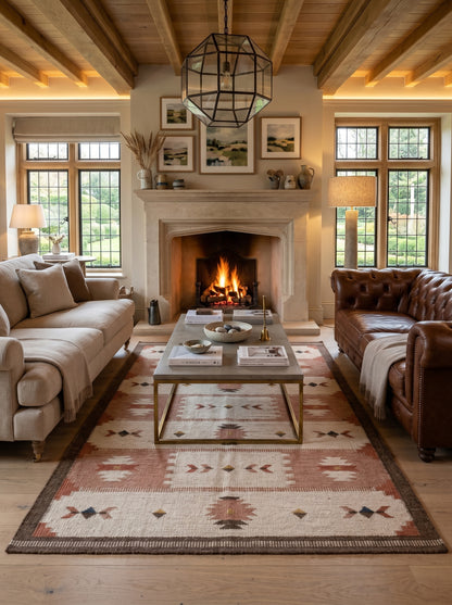 Terracotta Desert Rose Traditional Blush Pink & Cream Wool Cotton Dhurrie Rug