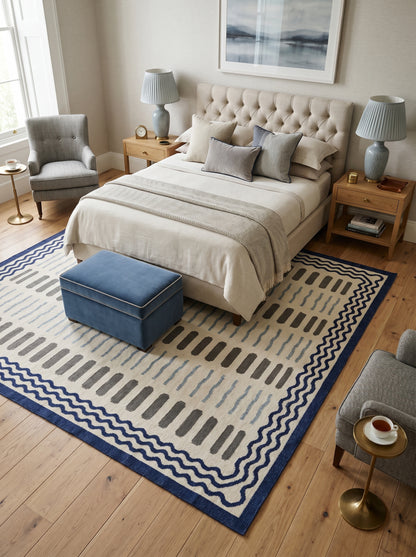 Azure Wave & Dash Abstract Rippled Wave Pattern Flatweave rug