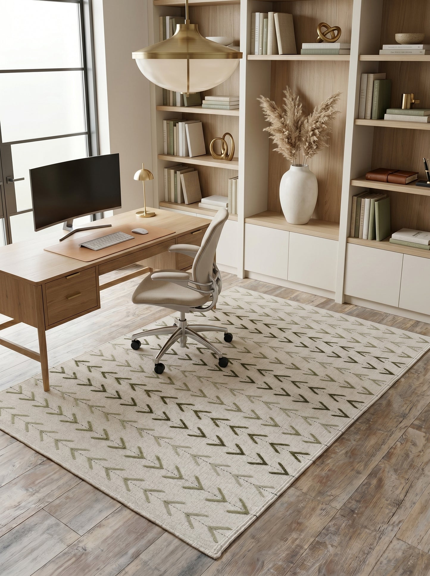 Sage Chevron Trail Minimalist Cream & Sage Green Wool Cotton Dhurrie Rug