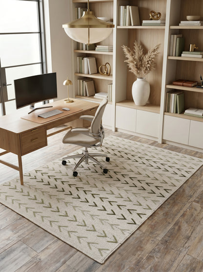 Sage Chevron Trail Minimalist Cream & Sage Green Wool Cotton Dhurrie Rug