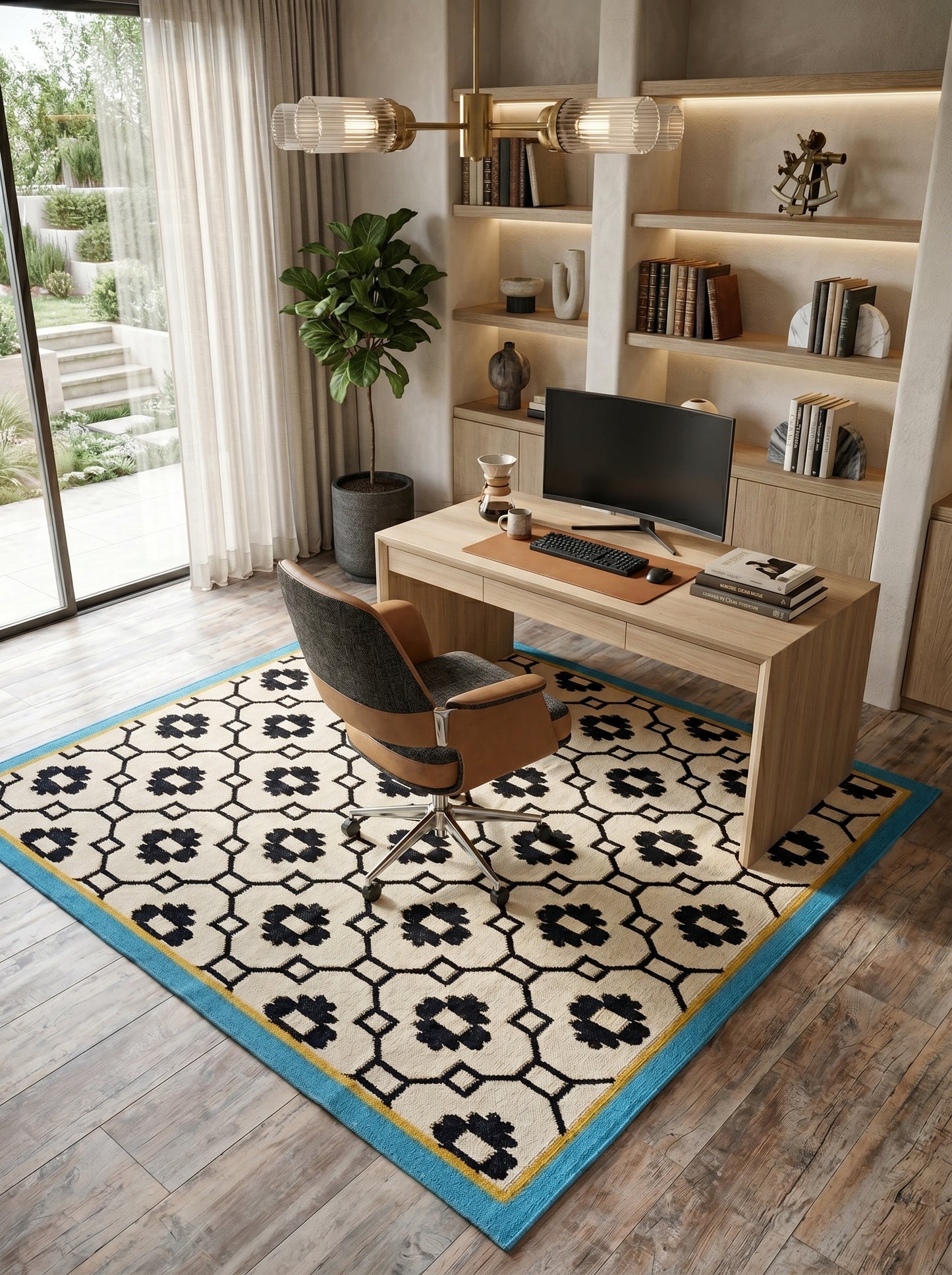Teal Lattice Rosette  Modern Black & Cream Wool Cotton Dhurrie Rug