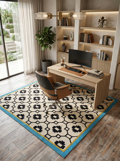 Teal Lattice Rosette  Modern Black & Cream Wool Cotton Dhurrie Rug